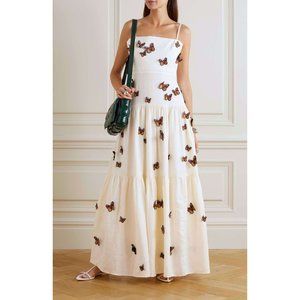 Agua Bendita Lima Monarca Butterfly Embroidered Applique Maxi Dress Linen L